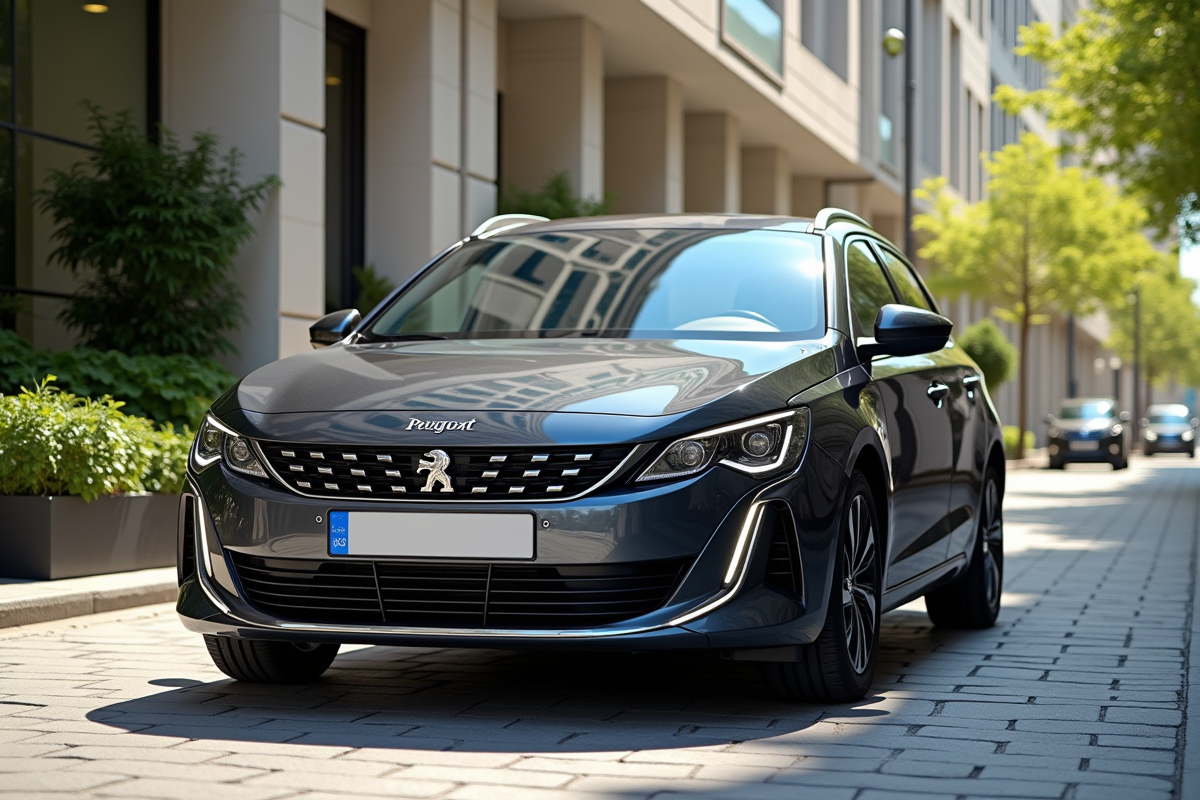 Peugeot 408 hybride en ville en journée lumineuse