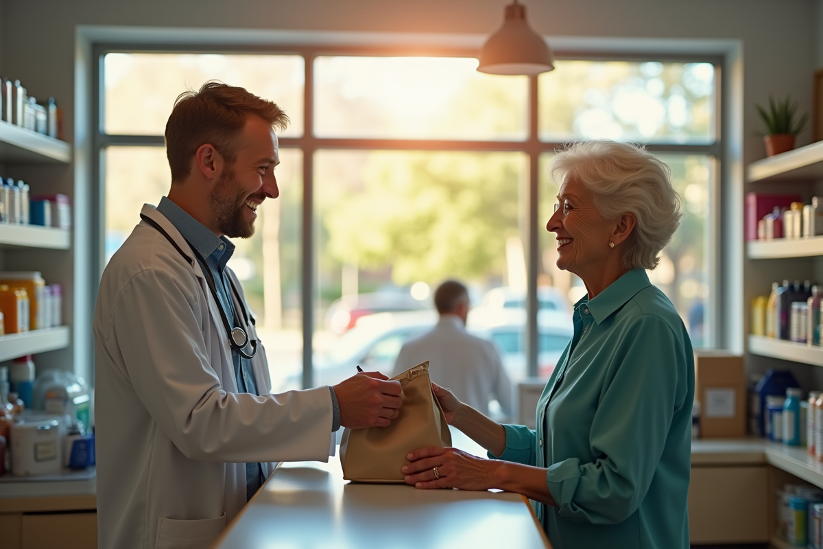 Pharmacien souriant remettant un sac de médicaments à une personne âgée