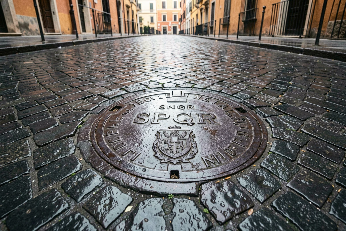 Plaque de regard municipale estampillée SPQR sur des pavés romains mouillés à Rome, symbole de l'administration moderne