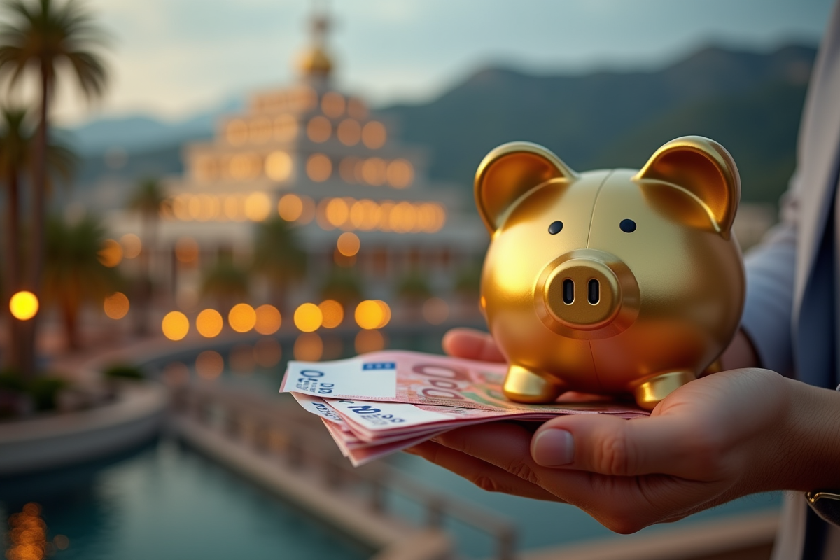 Mains tenant une tirelire en or et des billets euro devant le casino