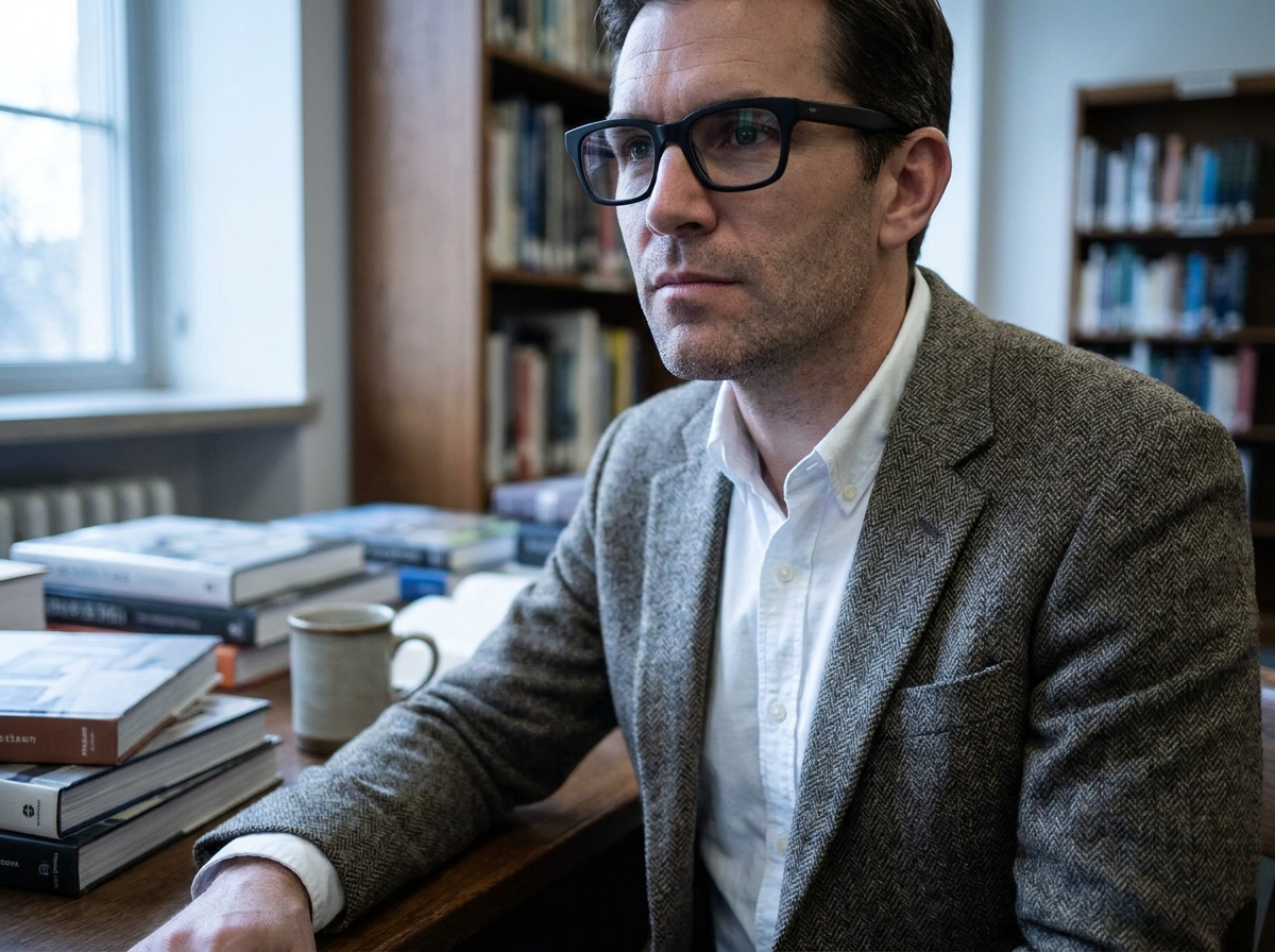 Portrait d'un homme en lunettes rectangulaires noires en acétate dans une bibliothèque chaleureuse, style masculin hivernal élégant