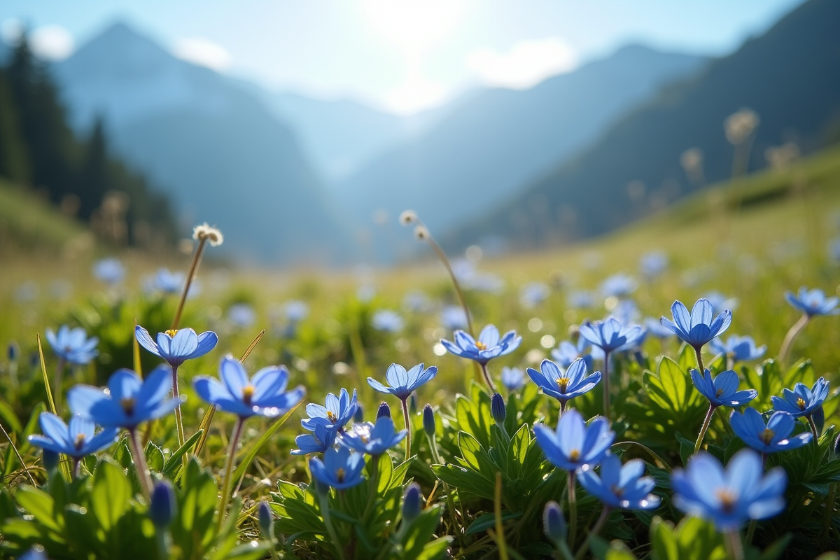 Prairie alpine au matin avec forget-me-nots bleus et paysage de montagne