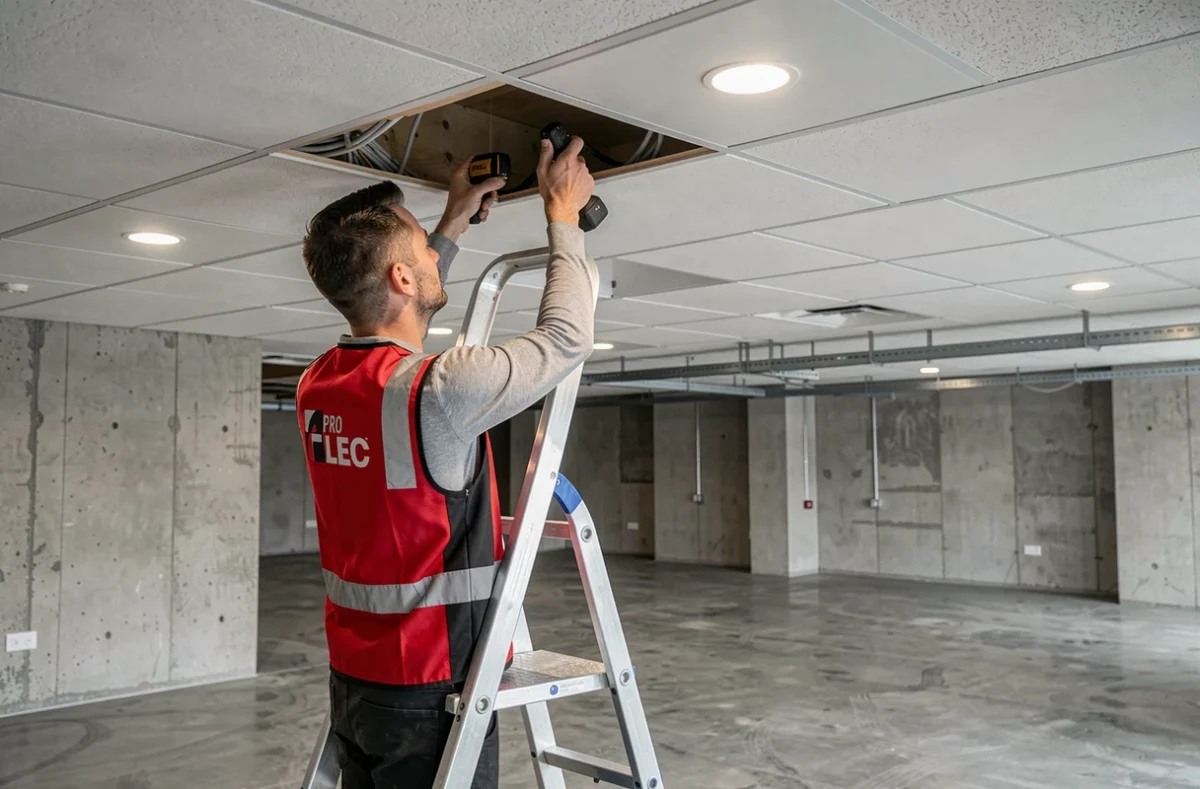 Technicien de Pro Elec 06 installant des spots LED encastrés dans le plafond d'un bureau rénové