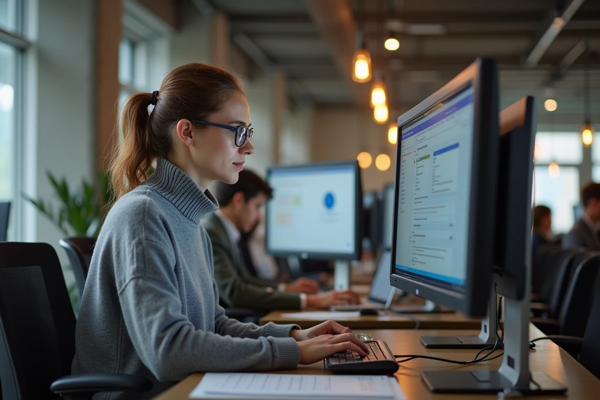 Professionnelle en espace de coworking utilisant un VPN et un moteur de recherche pour trouver une alternative à un site bloqué