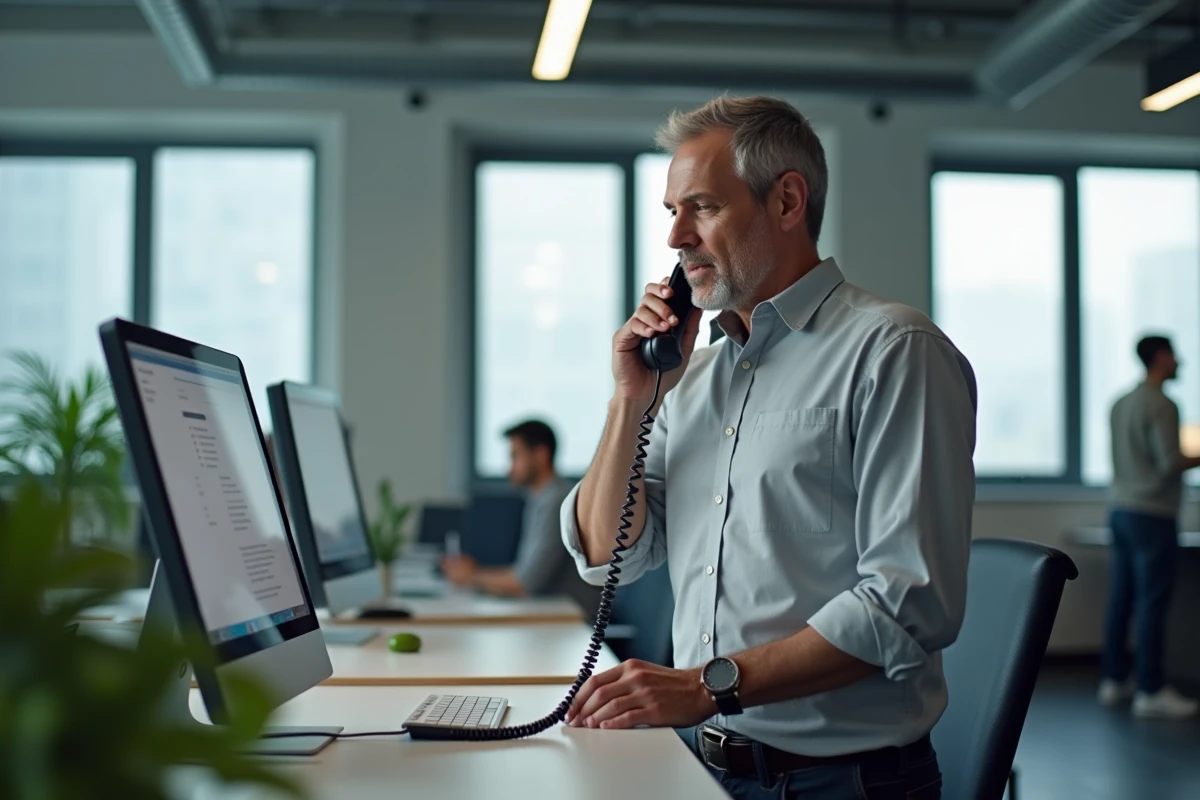 Homme en bureau d'entreprise cherchant à identifier l'origine d'un appel téléphonique professionnel