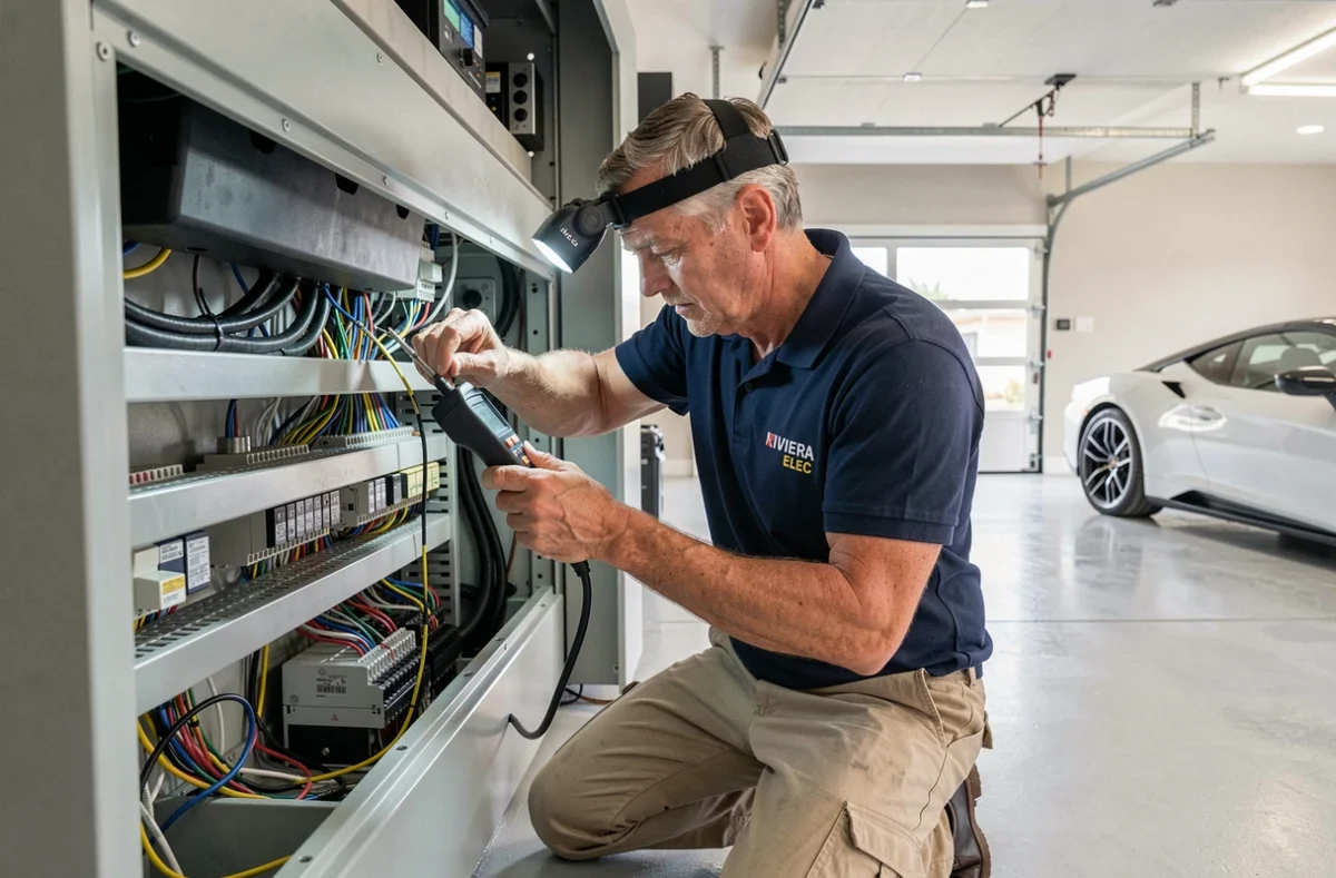 Technicien de Riviera Elec Services inspectant le câblage d'une armoire de commande dans le garage d'une villa de luxe