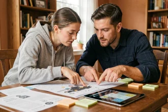 Deux amis jouant à Rooms and Exits en coopération, partageant des indices sur une tablette autour d'une table en bois couverte de notes