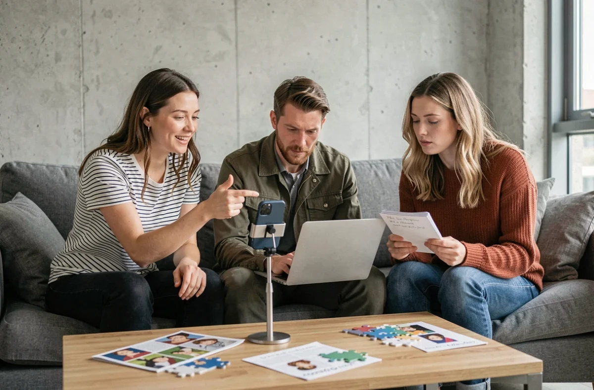 Groupe d'amis collaborant sur la soluce Rooms and Exits en mode coopératif avec smartphone et ordinateur portable