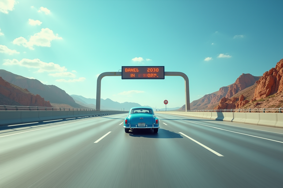 Voiture vintage sur une autoroute futuriste avec panneaux d