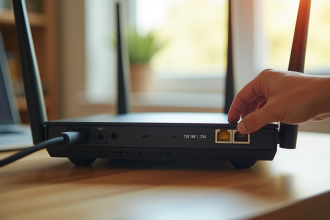 Routeur sans fil sur bureau lumineux avec adresse IP