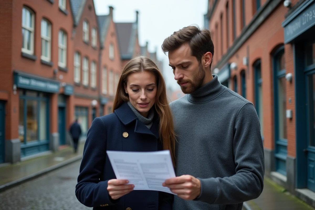 Couple de jeunes professionnels examinant une annonce immobilière devant un immeuble en briques rouges dans une rue typique de Lille