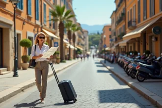 Femme consultant une carte dans une rue animée du sud de la France, évoquant la Rue d'Angleterre à Nice avec ses façades ocres et ses palmiers