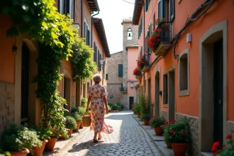 Rue pavée étroite d'une ville italienne typique avec façades en pierre et toits en tuiles de terre cuite