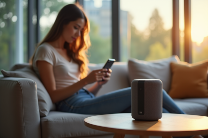 Salon moderne avec femme utilisant smartphone et enceinte connectee