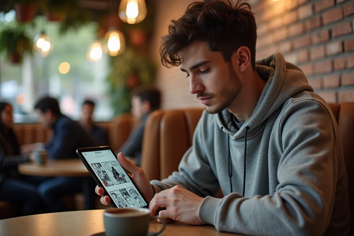 Homme lisant des scans BL yaoi sur une tablette dans un café, avec une connexion sécurisée et un VPN pour protéger son anonymat en ligne
