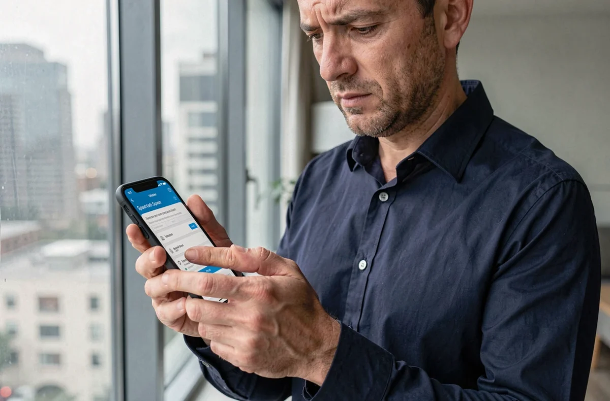 Homme signalant un numéro de spam sur l'application de son opérateur téléphonique depuis son appartement