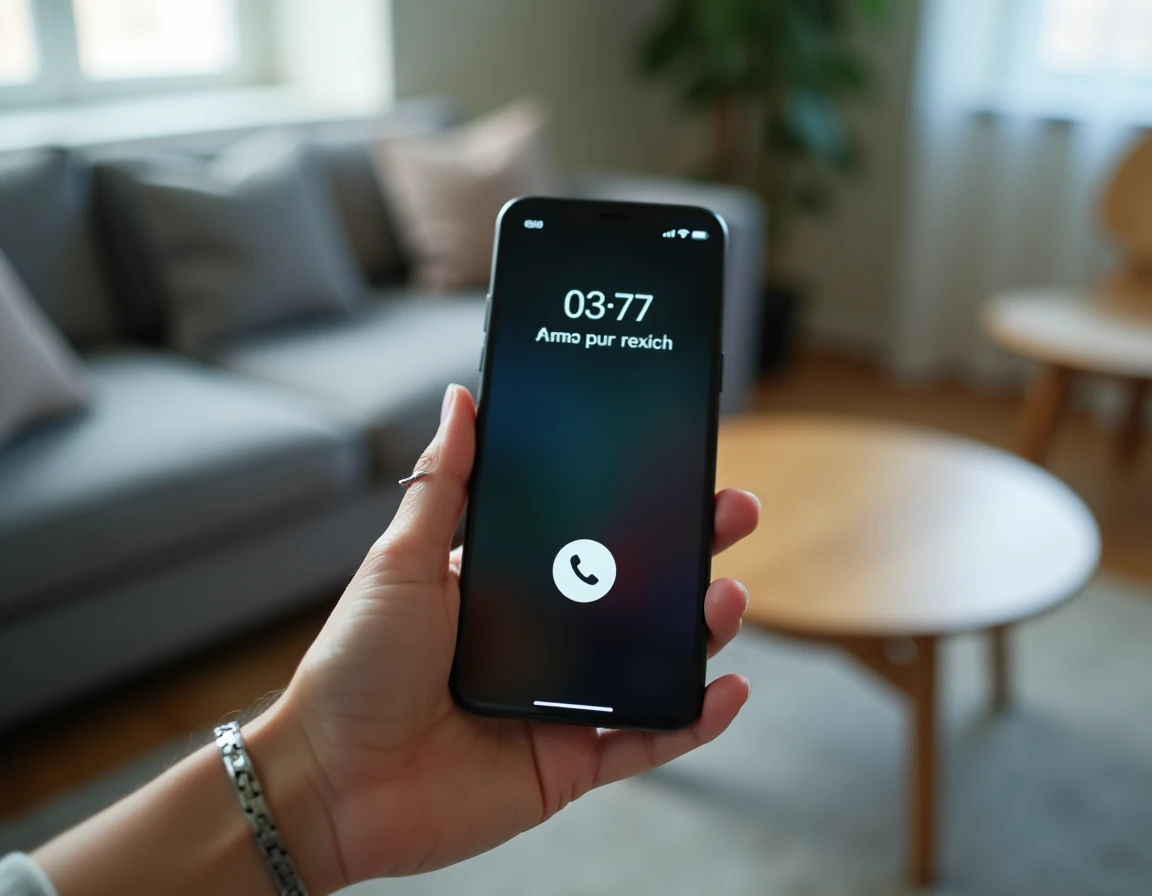 Gros plan d'un smartphone affichant un appel entrant d'un numéro de démarchage 03 77 inconnu tenu dans une main