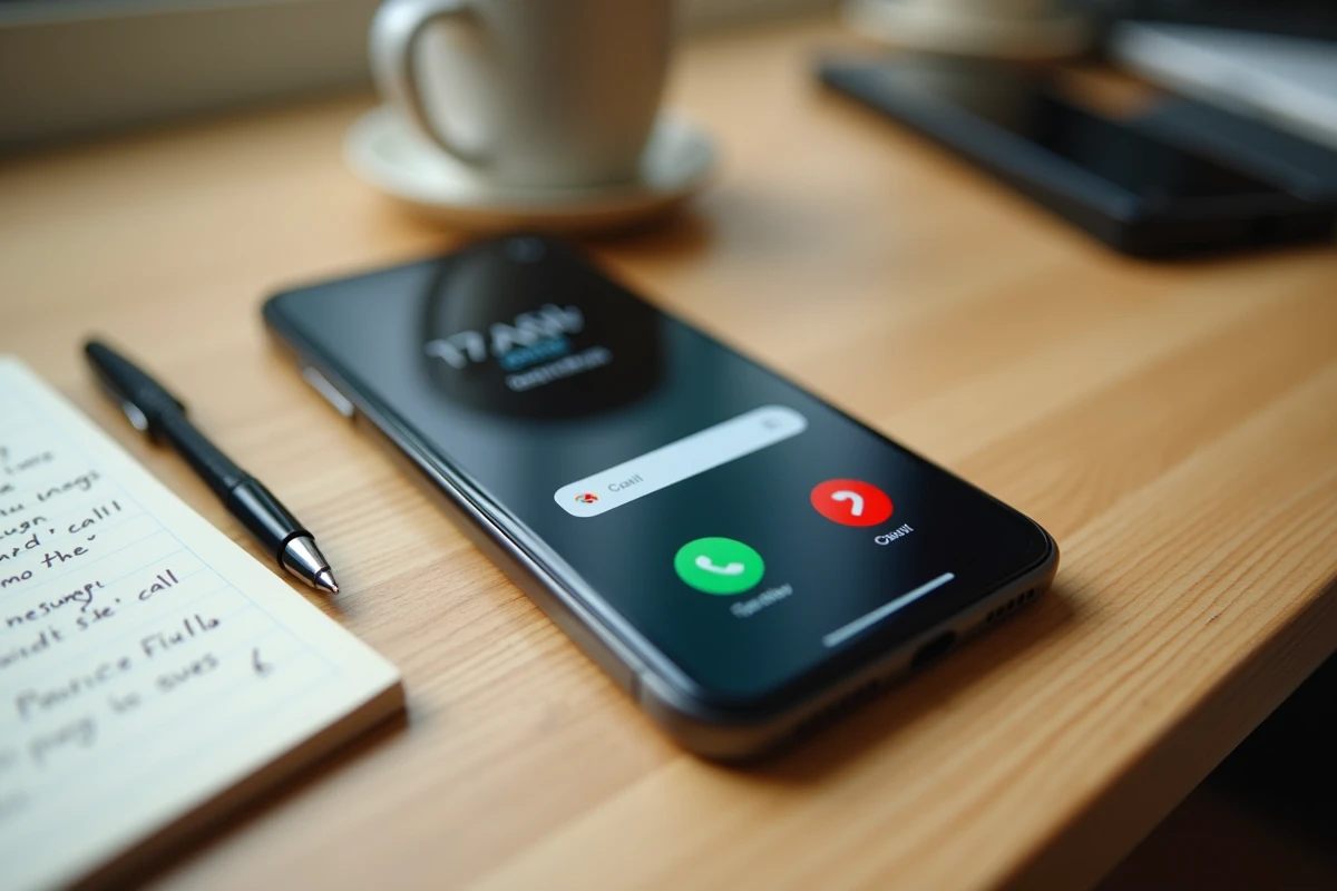 Smartphone affichant un numéro inconnu posé sur une table avec un carnet de notes pour identifier l'entreprise appelante