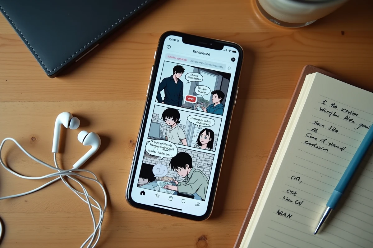 Téléphone affichant une application de lecture de yaoi BL avec un VPN activé pour protéger la vie privée et l'anonymat des lecteurs de scans en ligne