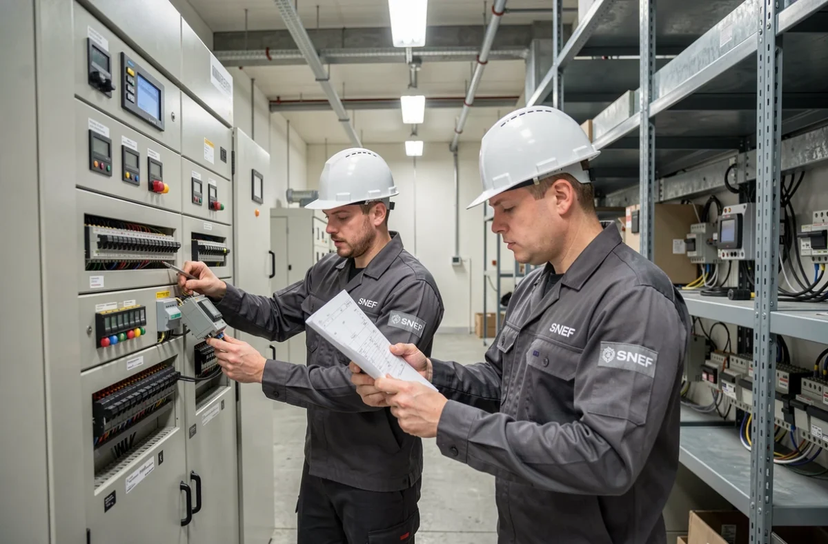 Deux techniciens SNEF en uniforme travaillant sur un tableau électrique industriel dans un bâtiment commercial