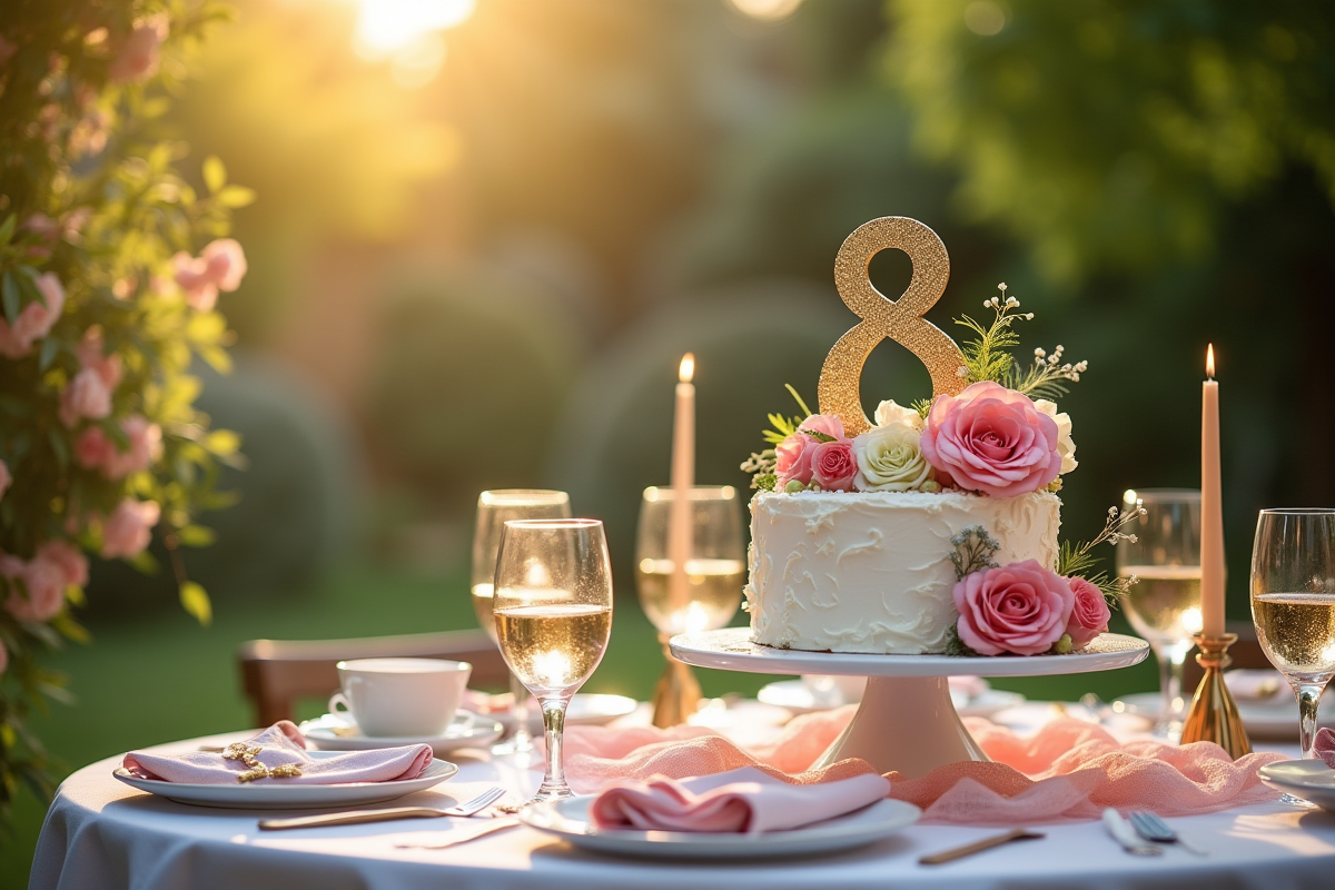 Table décorée pour anniversaire 8 ans dans un jardin ensoleille