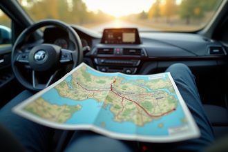 Vue du tableau de bord avec carte Michelin déployée en voiture