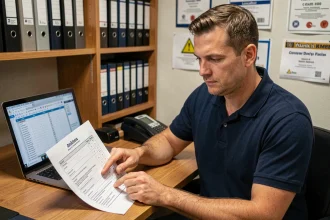 Technicien analysant un devis détaillé pour des autos tamponneuses dans un bureau professionnel