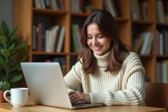 Femme naviguant sur un site de téléchargement de livres numériques depuis son bureau à domicile