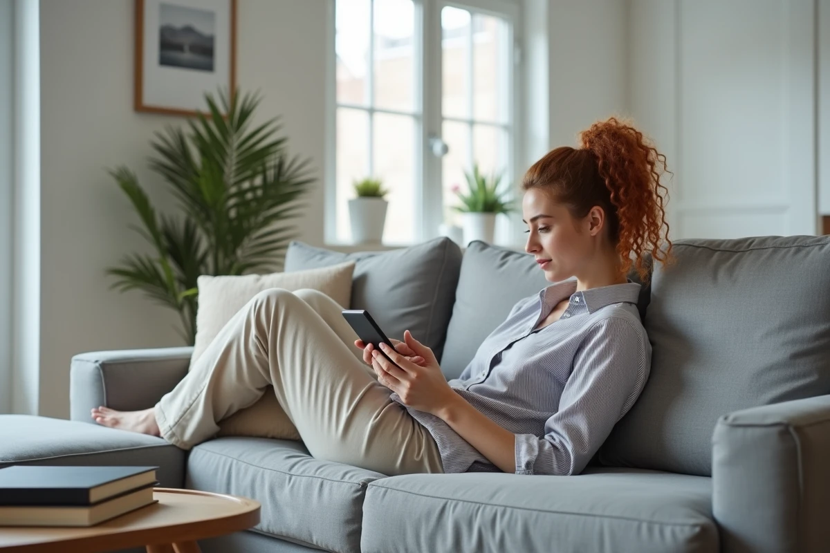 Jeune femme téléchargeant des livres numériques sur smartphone depuis son salon