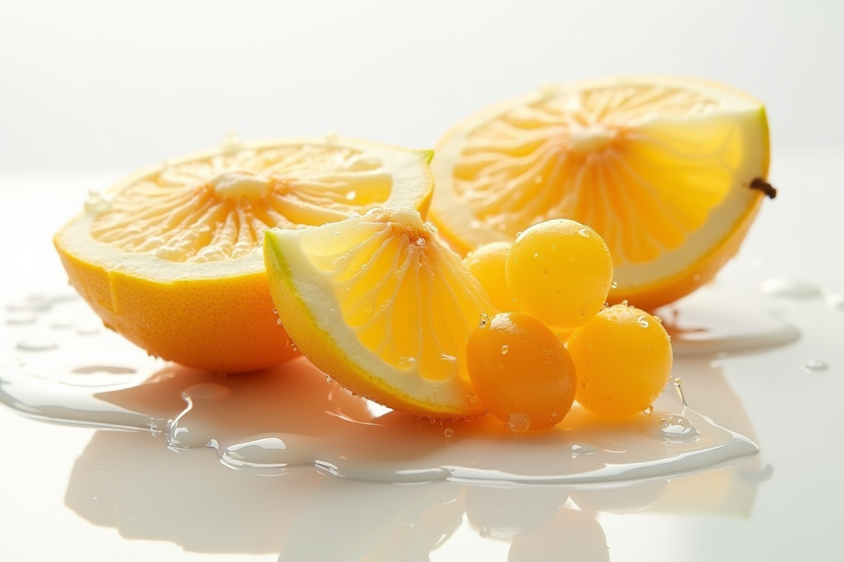 Tranche d ugli fruit et baies urava sur surface brillante