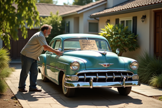 Voiture ancienne en vente dans une cour ensoleillee