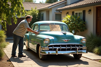 Voiture ancienne en vente dans une cour ensoleillee