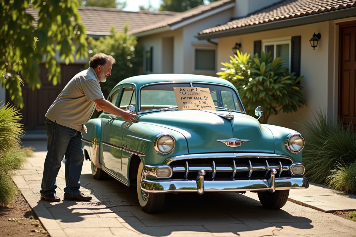 Voiture ancienne en vente dans une cour ensoleillee