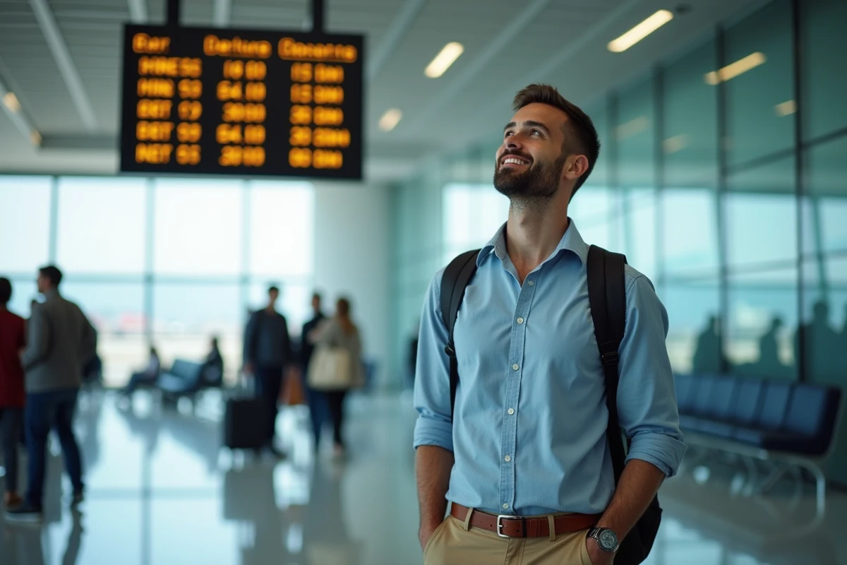 Voyageur en aéroport effectuant mentalement une conversion miles et kilomètres devant un tableau de départs