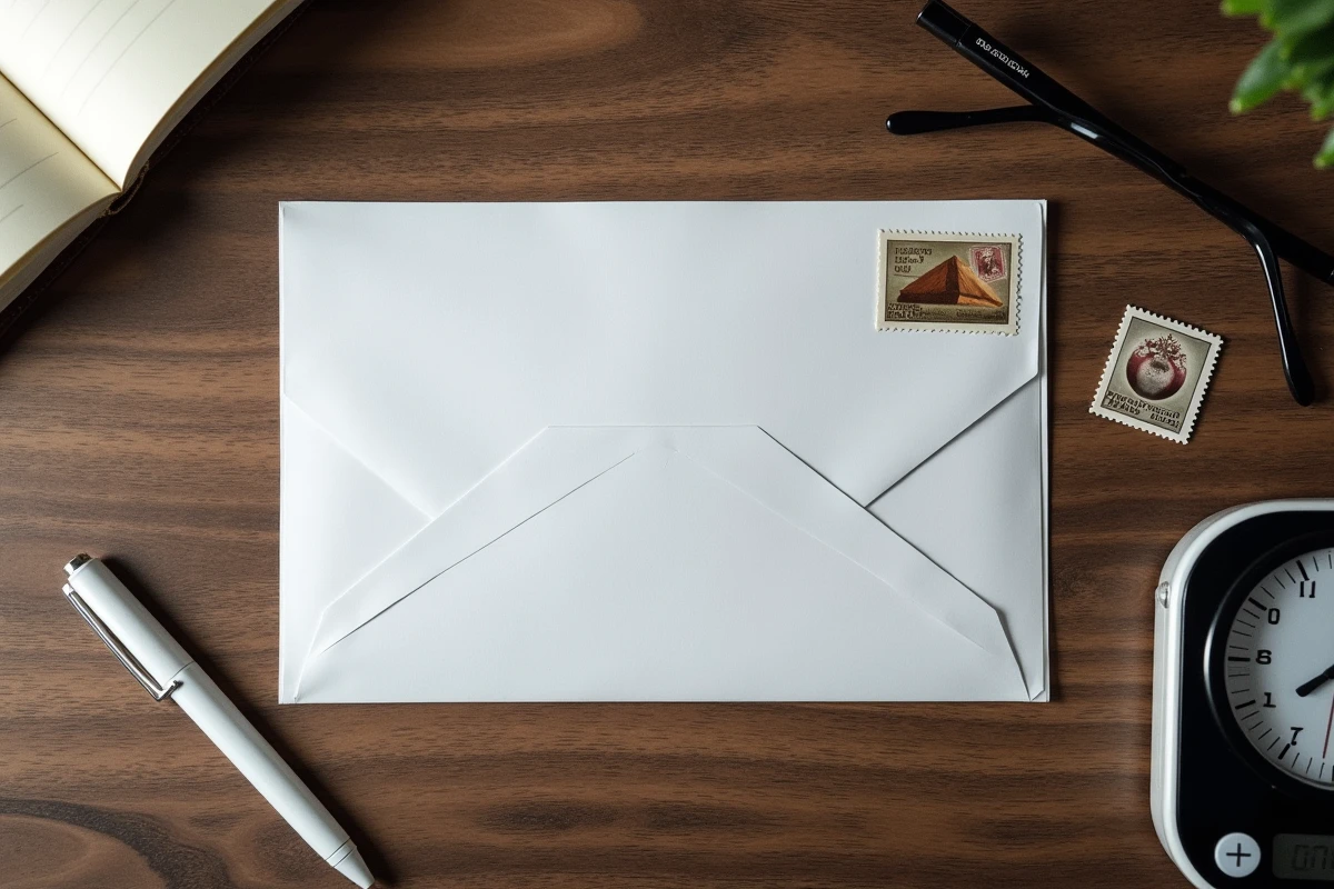 Vue de dessus d'une enveloppe avec timbre et balance postale pour calculer le poids du courrier