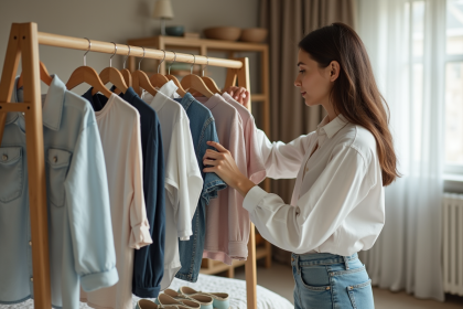 Femme organisée avec vêtements dans une chambre cosy