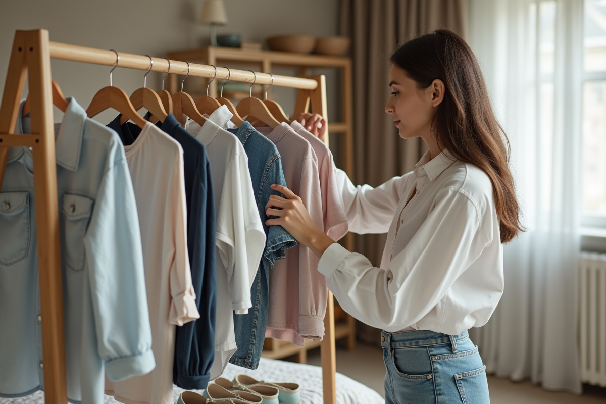 Femme organisée avec vêtements dans une chambre cosy